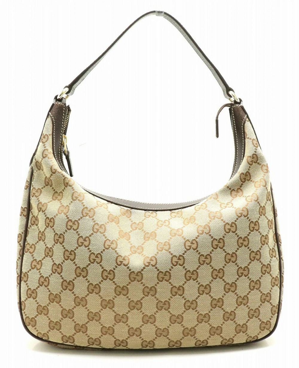 Gucci GG Canvas Shoulder Bag Hobo Leather Beige Brown Cream